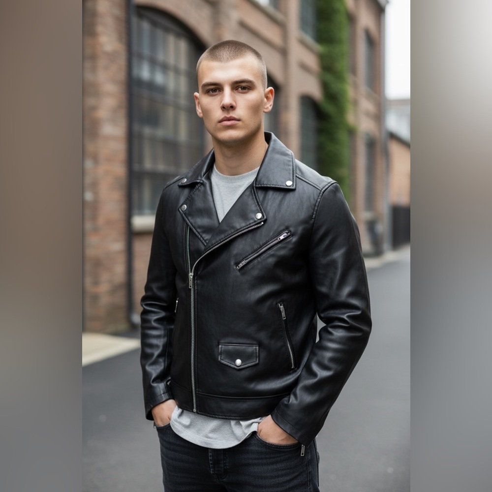 Men’s Black Leather Moto Biker Jacket | Asymmetric Zip | Classic Streetwear | L